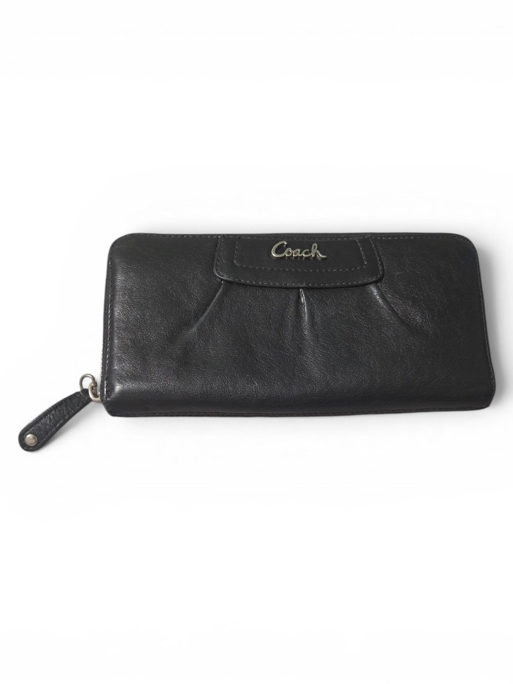 Coach Black Leather Zip-Around Wallet with Logo Plaque